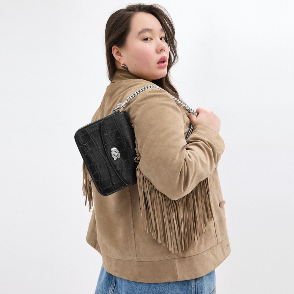 COACH®,Cassie Crossbody Bag 19,Leather,Crossbody,Embossed,Logo,Metal,Tag Embellishment,Casual,Black,Detail View