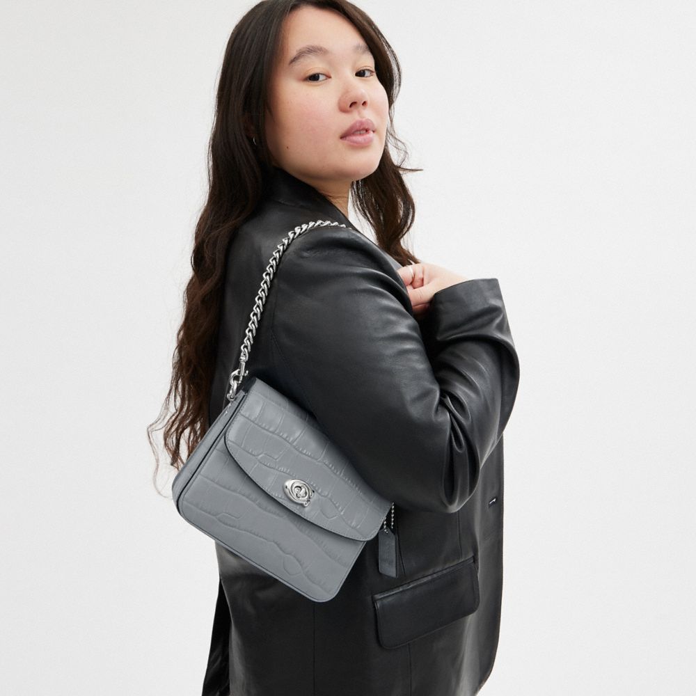 COACH®,Cassie Crossbody Bag 19,Leather,Crossbody,Logo,Metal,Embossed,Day Party,Gray,Detail View
