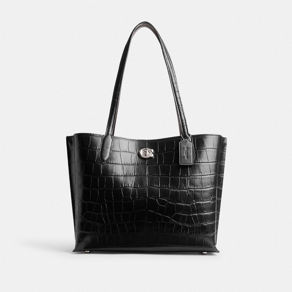 COACH®,CABAS WILLOW,cuir façon croco,Argent/Noir,Front View