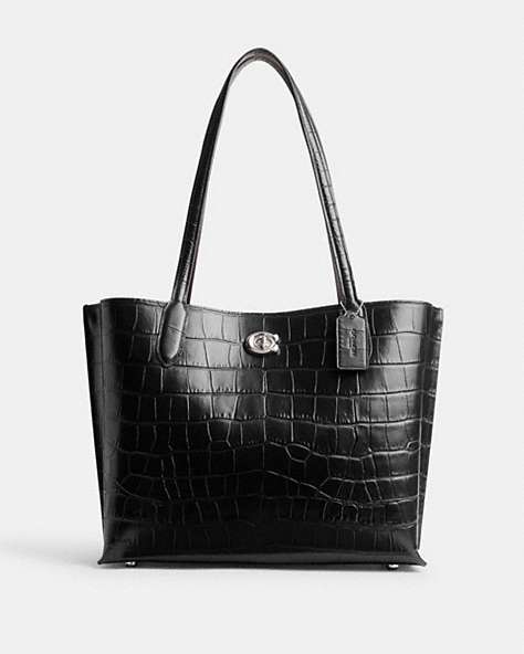 COACH®,WILLOW TOTE,croc embossed leather,X-Large,Silver/Black,Front View