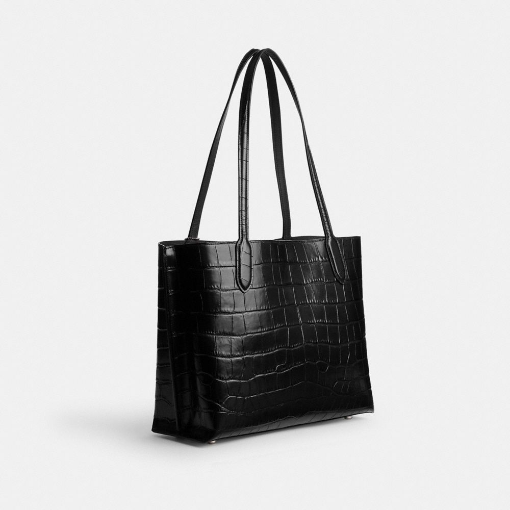 COACH®,CABAS WILLOW,cuir façon croco,Argent/Noir,Angle View