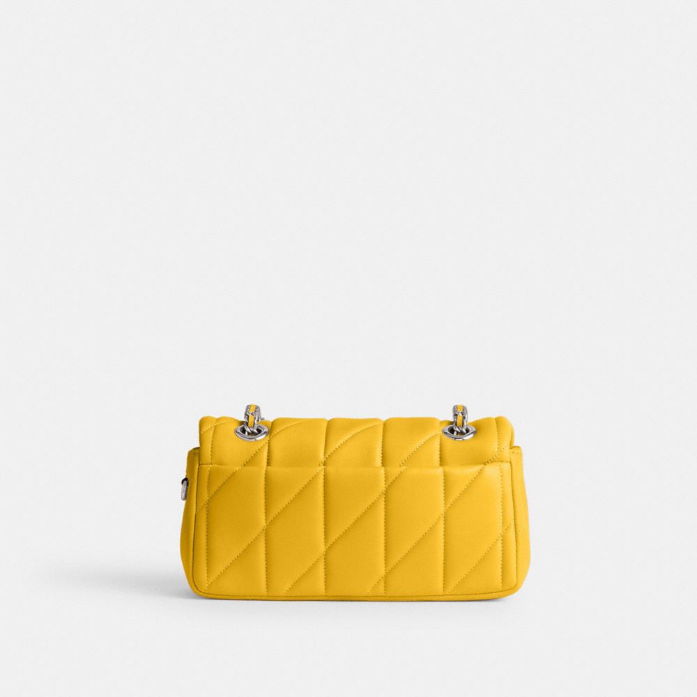 COACH®,Tabby Shoulder Bag 20 With Quilting,Leather,Shoulder Bag,Metal,Logo,Chain Detail,Embossed,Silver Metal,Day Party,Mustard,Back View