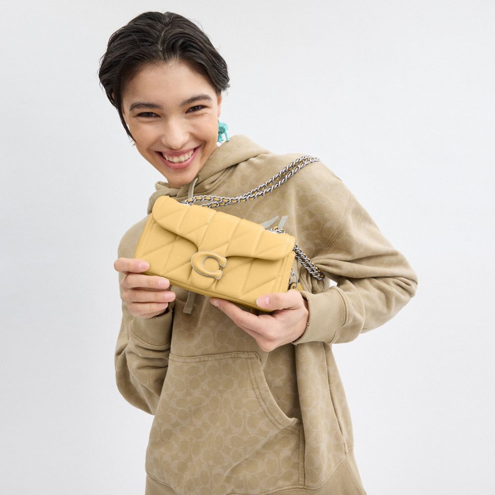 COACH®,Tabby Shoulder Bag 20 With Quilting,Leather,Shoulder Bag,Logo,Chain Detail,Metal,Embossed,Silver Metal,Day Party,Beige,Detail View