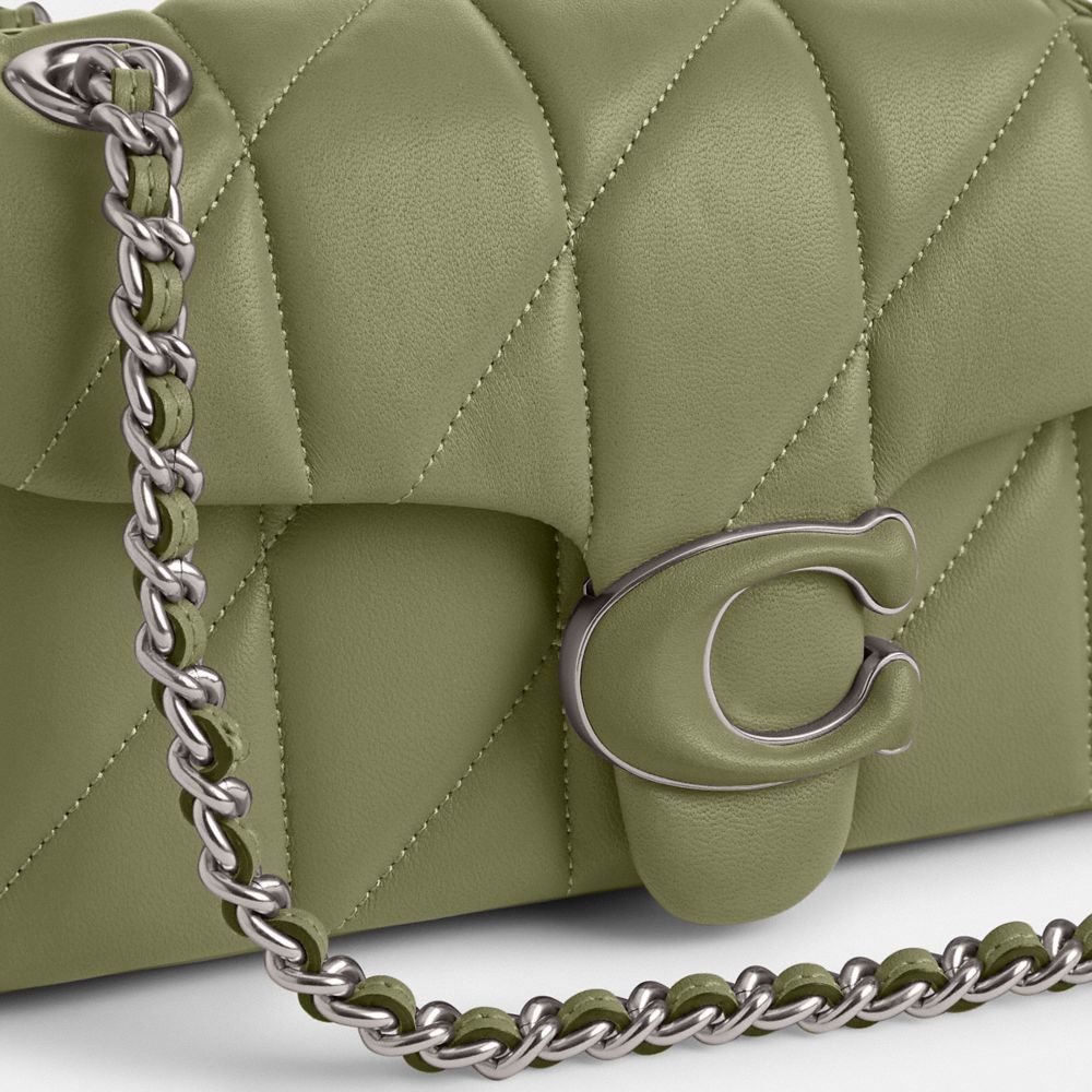 COACH®,Tabby Shoulder Bag 20 With Quilting,Leather,Shoulder Bag,Logo,Chain Detail,Metal,Embossed,Silver Metal,Day Party,Olive,Closer View