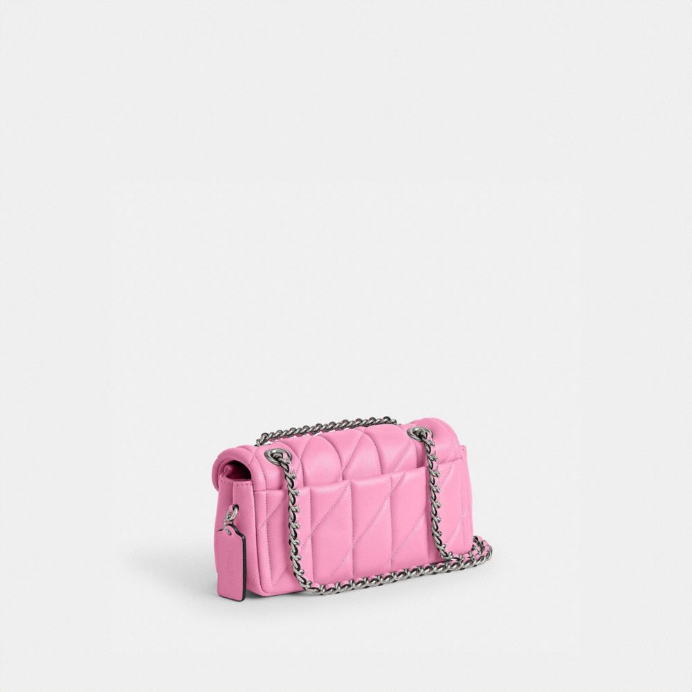 COACH®,Tabby Shoulder Bag 20 With Quilting,Leather,Shoulder Bag,Logo,Chain Detail,Metal,Embossed,Silver Metal,Day Party,Pink,Angle View