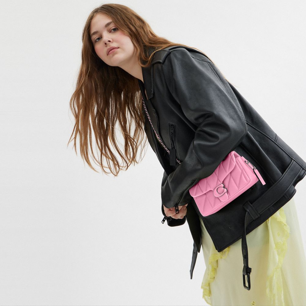 COACH®,Tabby Shoulder Bag 20 With Quilting,Leather,Shoulder Bag,Logo,Chain Detail,Metal,Embossed,Silver Metal,Day Party,Pink