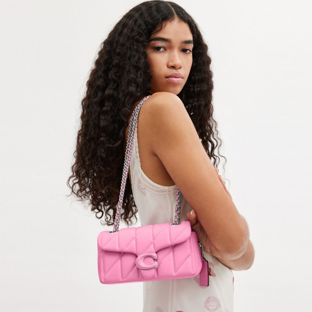 COACH®,Tabby Shoulder Bag 20 With Quilting,Leather,Shoulder Bag,Logo,Chain Detail,Metal,Embossed,Silver Metal,Day Party,Pink,Detail View