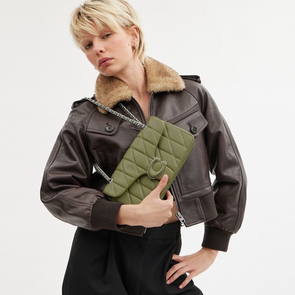 COACH®,Tabby Shoulder Bag 26 With Quilting,Leather,Shoulder Bag,Embossed,Chain Detail,Metal,Logo,Compact,Silver Metal,Day ...,,Detail View