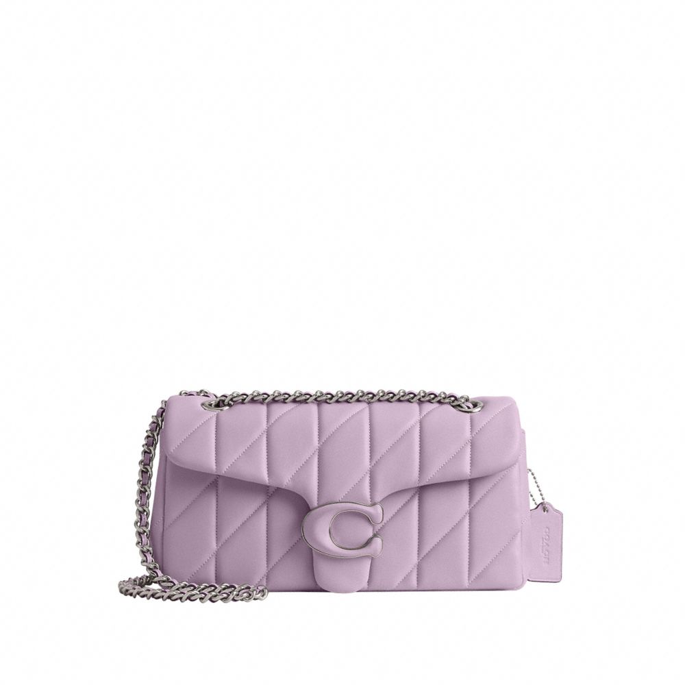 COACH®,Tabby Shoulder Bag 26 With Quilting,Leather,Shoulder Bag,Embossed,Chain Detail,Metal,Logo,Compact,Silver Metal,Day ...,Lavender,Front View