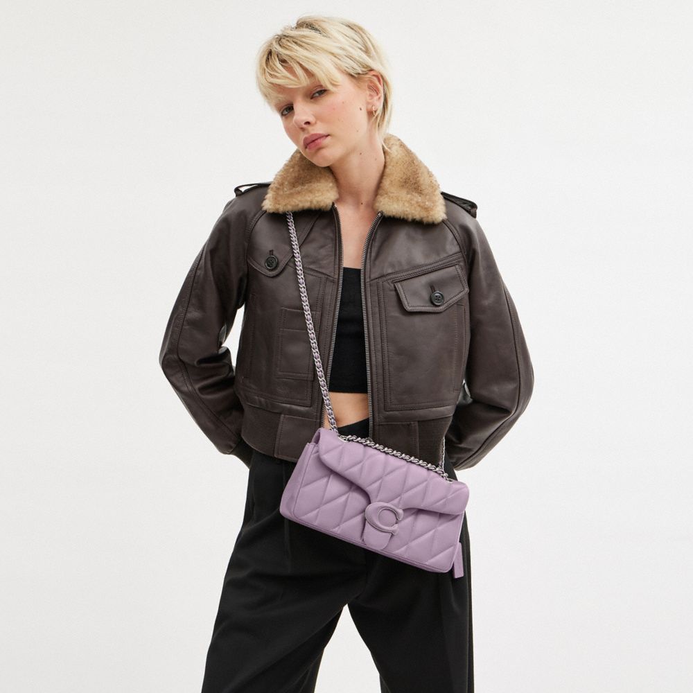 COACH®,Tabby Shoulder Bag 26 With Quilting,Leather,Shoulder Bag,Metal,Logo,Embossed,Chain Detail,Compact,Silver Metal,Day ...,Lavender