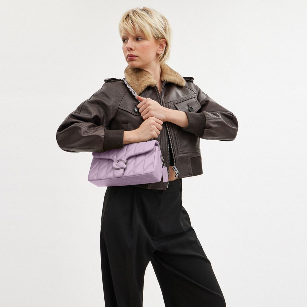 COACH®,Tabby Shoulder Bag 26 With Quilting,Leather,Shoulder Bag,Metal,Logo,Embossed,Chain Detail,Compact,Silver Metal,Day ...,Lavender,Detail View
