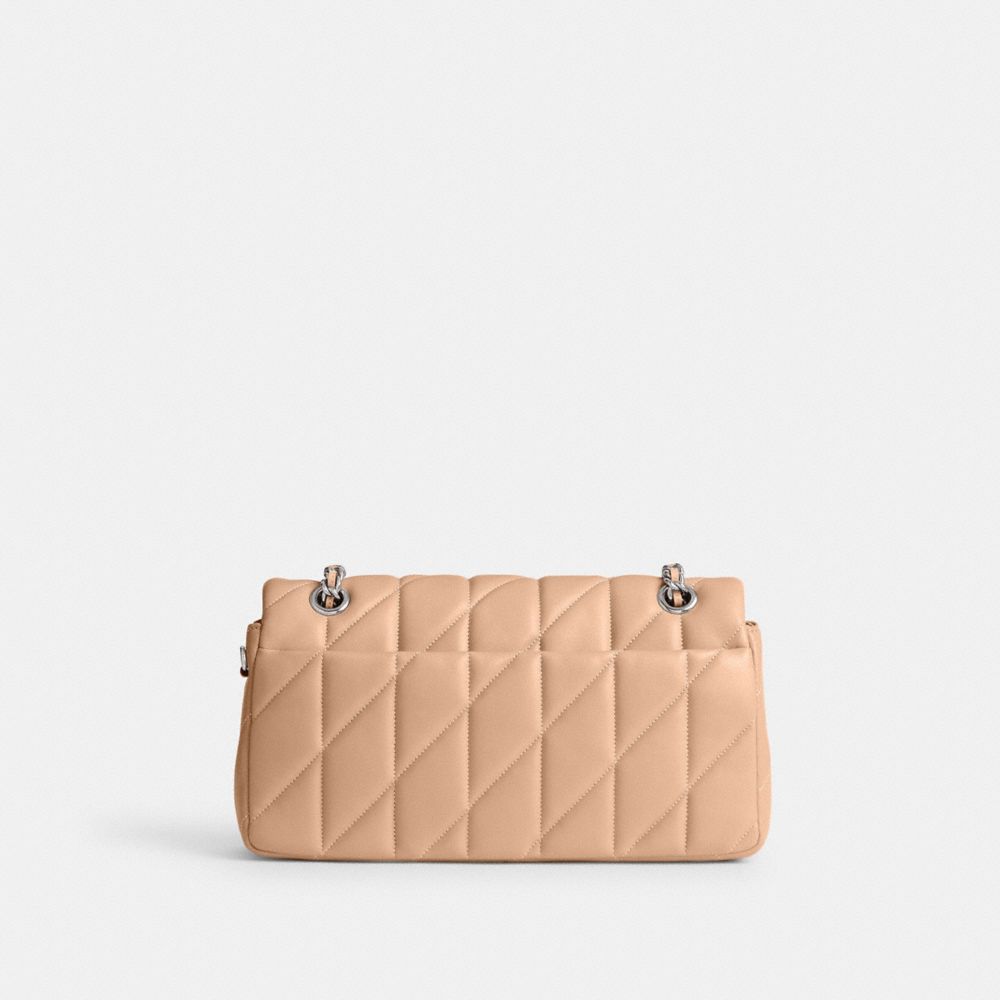 COACH®,Tabby Shoulder Bag 26 With Quilting,Leather,Shoulder Bag,Embossed,Chain Detail,Metal,Logo,Compact,Silver Metal,Day ...,Beige,Back View