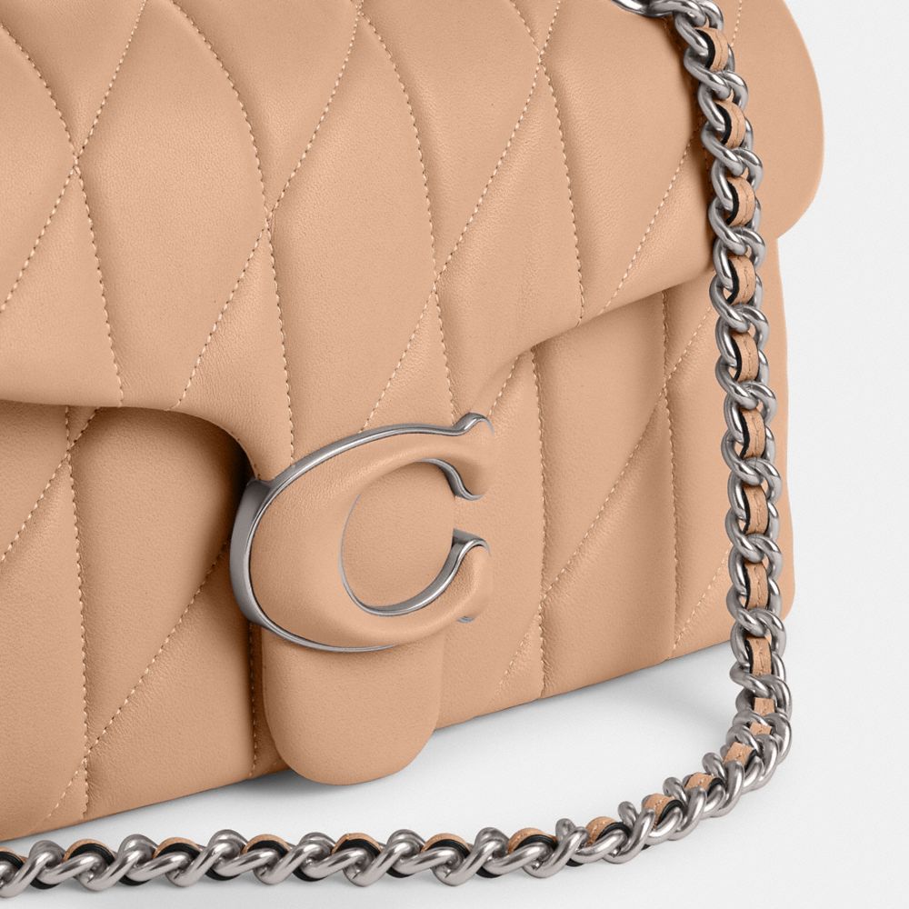 COACH®,Tabby Shoulder Bag 26 With Quilting,Leather,Shoulder Bag,Embossed,Chain Detail,Metal,Logo,Compact,Silver Metal,Day ...,Beige,Closer View