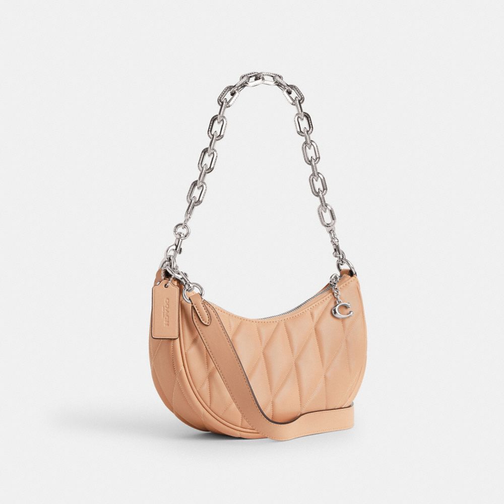 COACH®,Mira Shoulder Bag With Pillow Quilting,Leather,Shoulder Bag,Logo,Metal,Embossed,Gunmetal,Day Party,Beige,Angle View