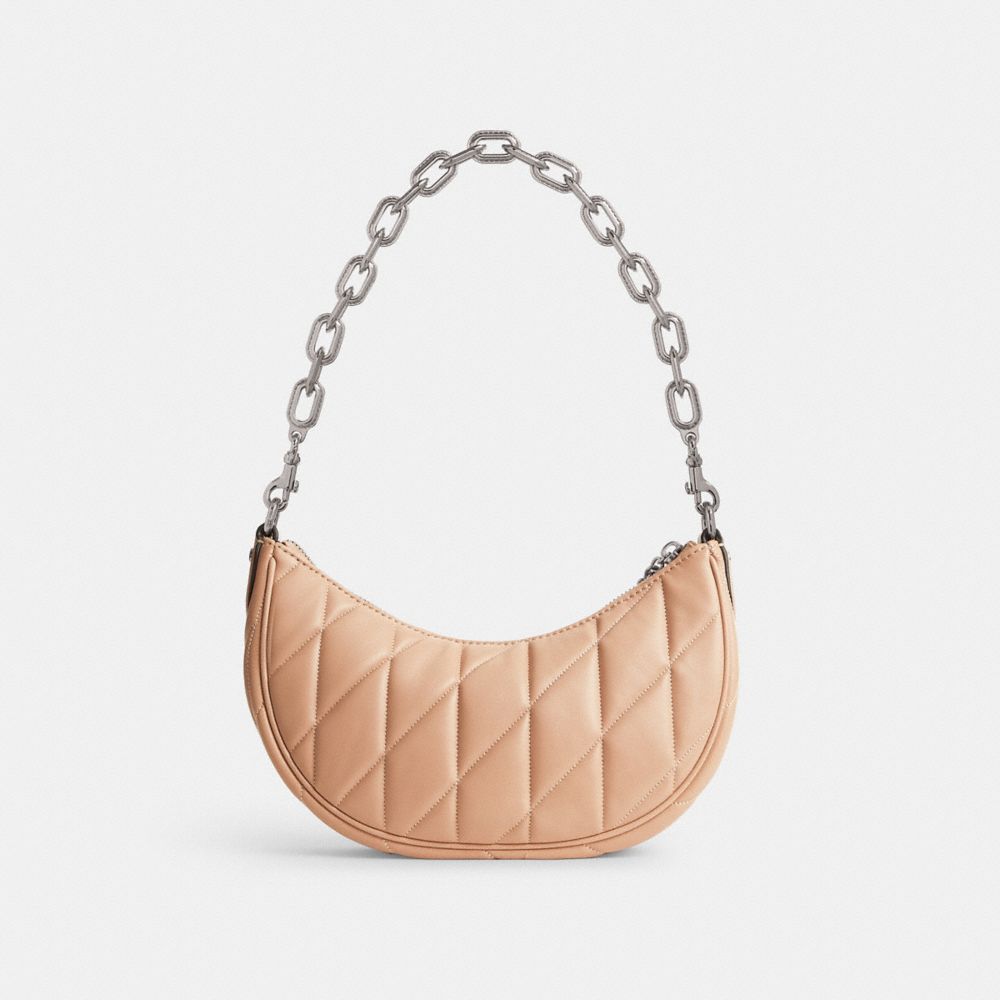 COACH®,Mira Shoulder Bag With Pillow Quilting,Leather,Shoulder Bag,Logo,Metal,Embossed,Gunmetal,Day Party,Beige,Back View