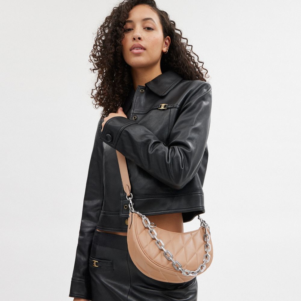 COACH®,Mira Shoulder Bag With Pillow Quilting,Leather,Shoulder Bag,Logo,Metal,Embossed,Gunmetal,Day Party,Beige