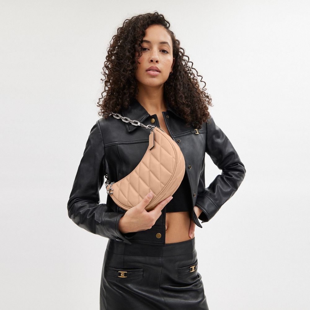 COACH®,Mira Shoulder Bag With Pillow Quilting,Leather,Shoulder Bag,Logo,Metal,Embossed,Gunmetal,Day Party,Beige,Detail View