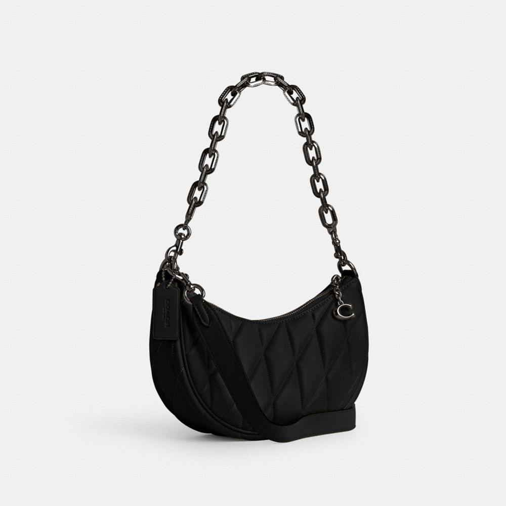 COACH®,Mira Shoulder Bag With Pillow Quilting,Leather,Shoulder Bag,Logo,Metal,Embossed,Gunmetal,Day Party,Black,Angle View