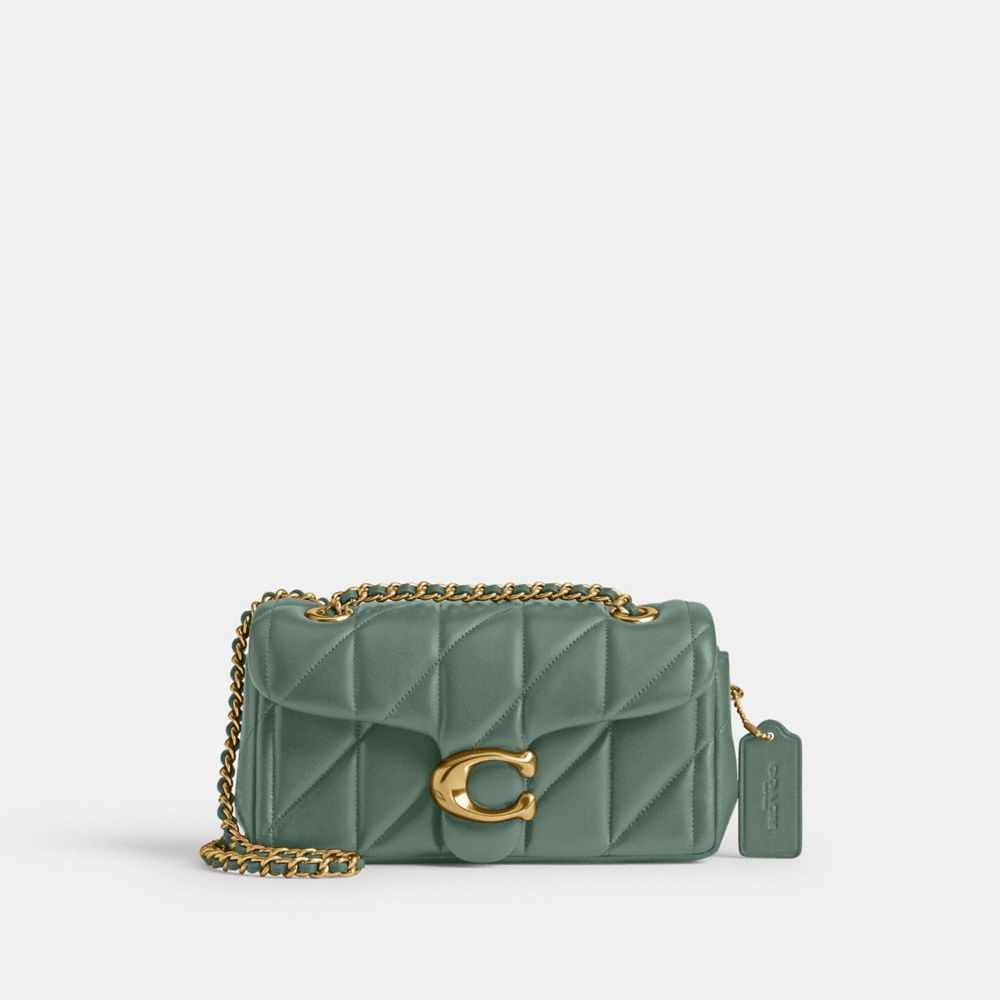 COACH®,Tabby Shoulder Bag 20 With Pillow Quilting,Leather,Shoulder Bag,Logo,Chain Detail,Metal,Embossed,Gunmetal,Day Party,Green,Front View