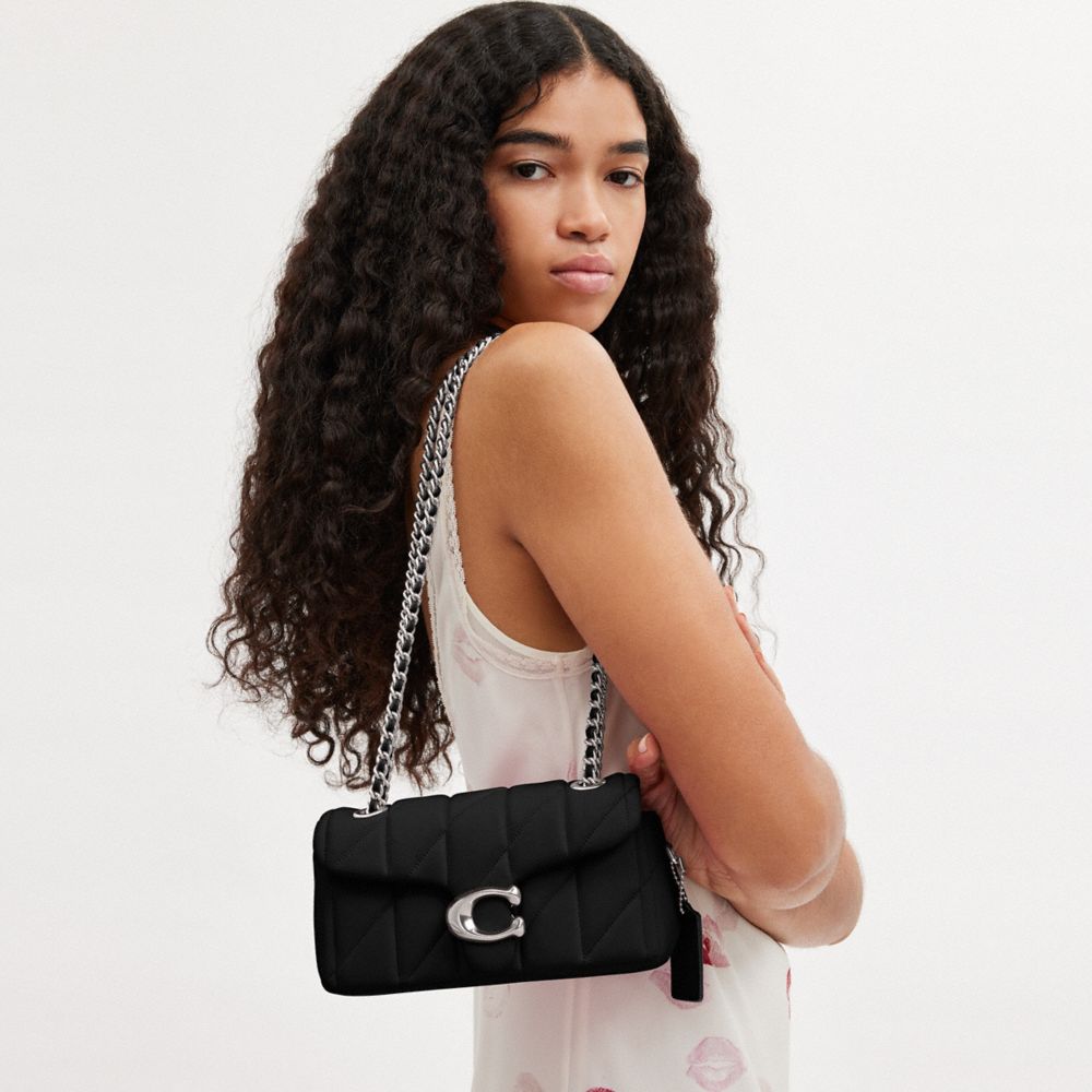 COACH®,Tabby Shoulder Bag 20 With Pillow Quilting,Lining Leather,Leather,Shoulder Bag,Metal,Logo,Embossed,Chain Detail,Gol...,Black,Detail View