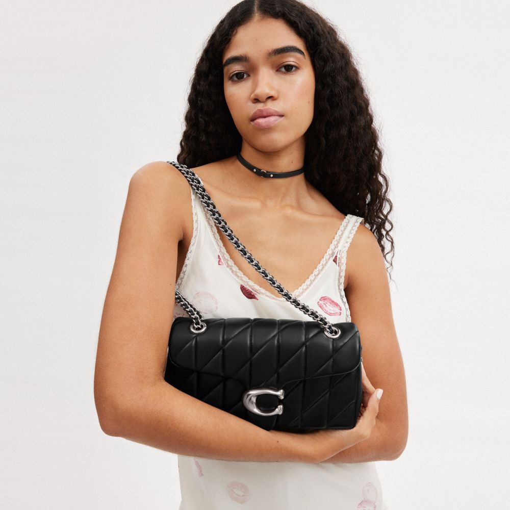 COACH®,Tabby Shoulder Bag 26 With Pillow Quilting,Leather,Shoulder Bag,Chain Detail,Logo,Metal,Compact,Silver Metal,Day Party,Black,Detail View
