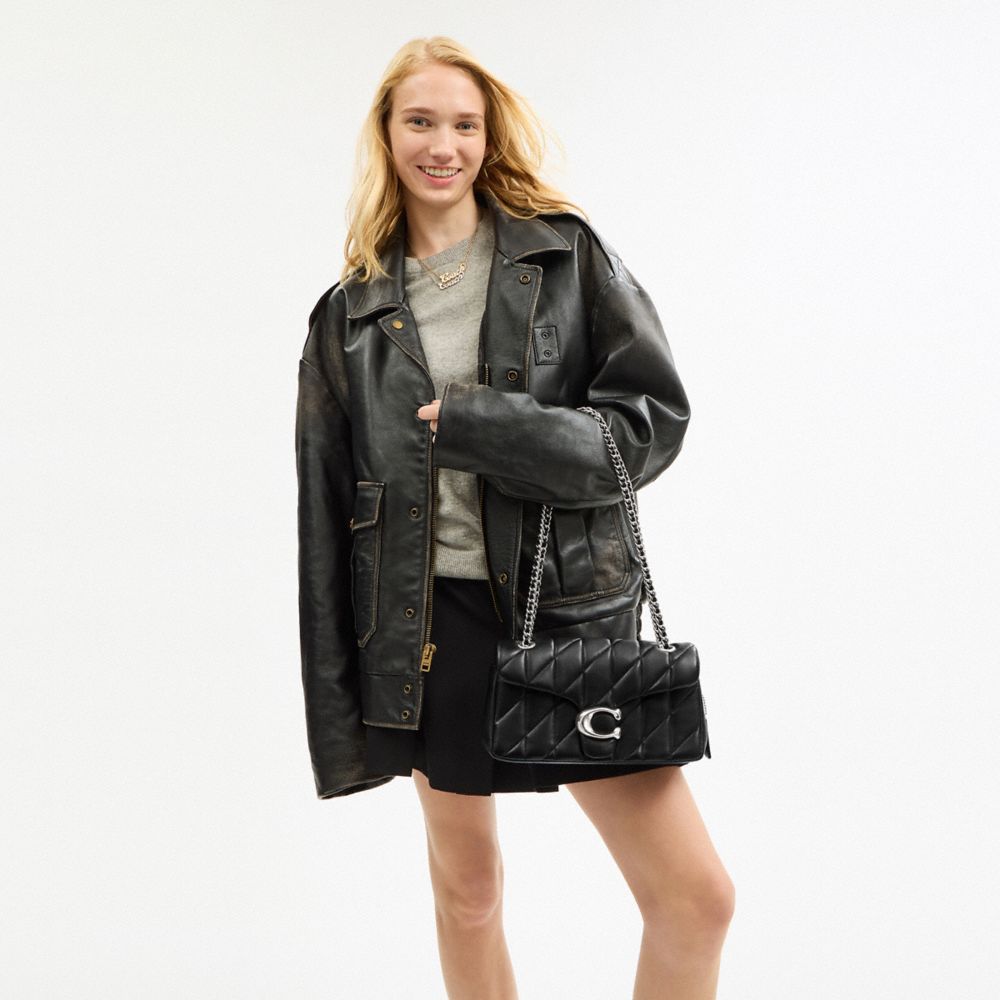 COACH®,Tabby Shoulder Bag 26 With Pillow Quilting,Leather,Shoulder Bag,Logo,Metal,Shoulder Guard,Silver Metal,Day Party,Black,Detail View