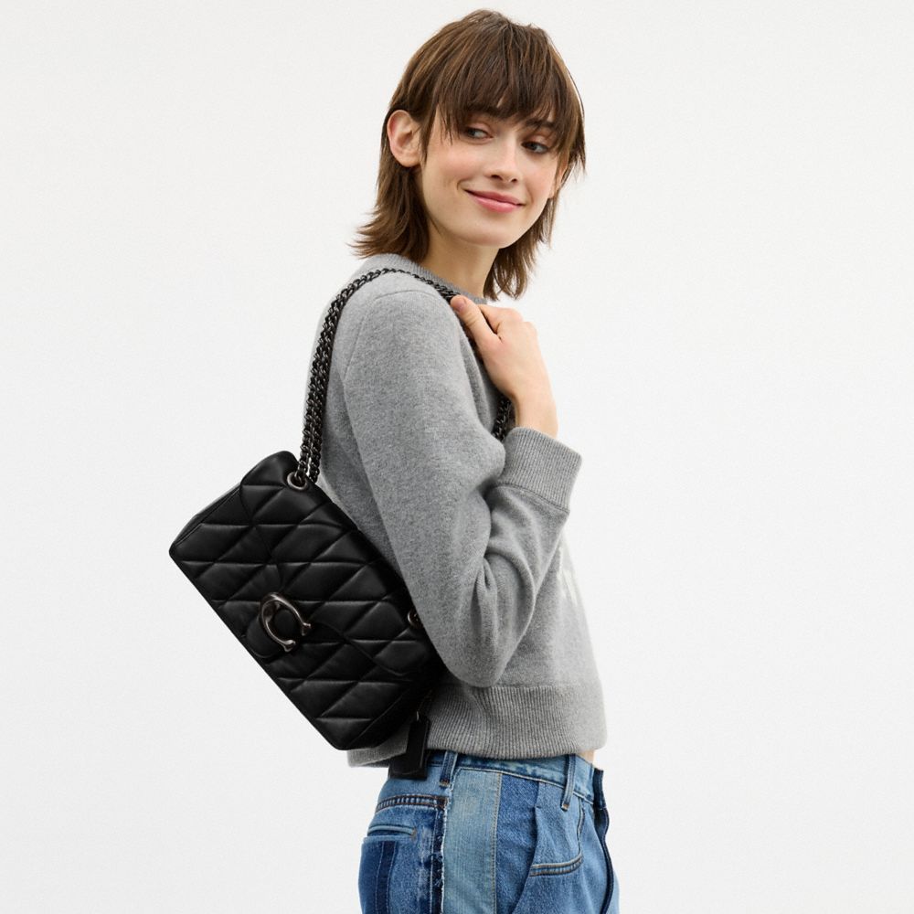 COACH®,Tabby Shoulder Bag 26 With Pillow Quilting,Leather,Shoulder Bag,Chain Detail,Logo,Metal,Compact,Silver Metal,Day Party,Black,Detail View