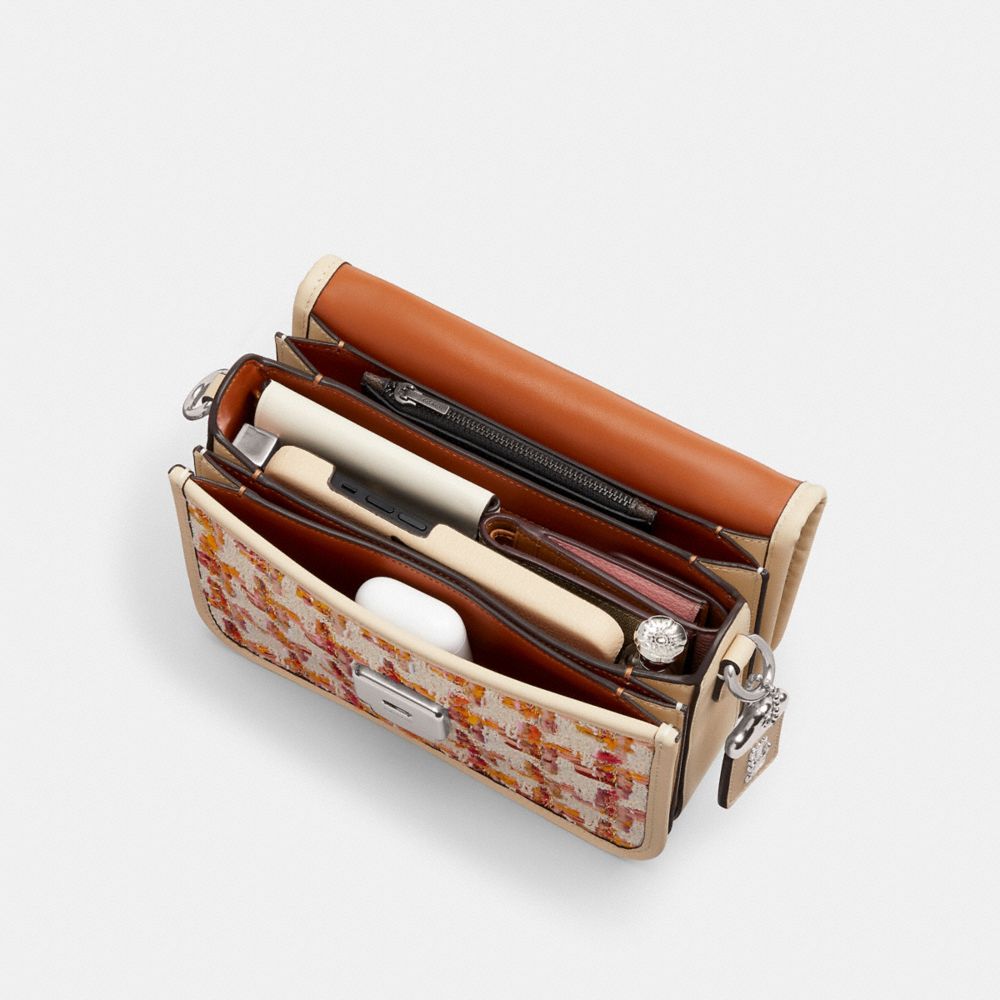 COACH®,Rogue Top Handle Bag In Tweed,Tweed,Leather,Crossbody,Metal,Logo,Piping,Pen Holder,Shoulder Guard,Day Party,Multi Color,Inside View, Top View