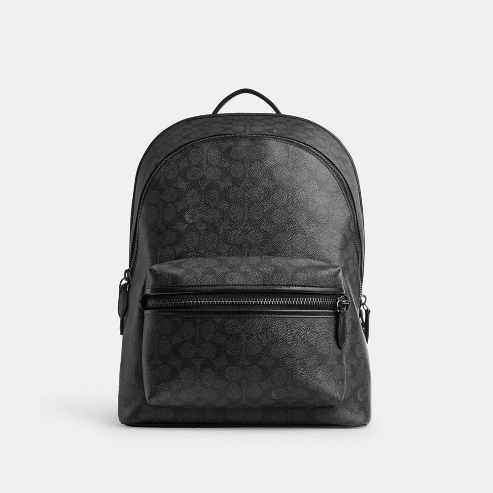 COACH®,CHARTER BACKPACK IN SIGNATURE CANVAS,Signature Coated Canvas,X-Large,Charcoal,Front View