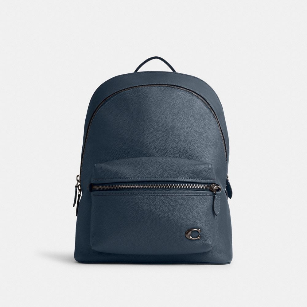 COACH®,CHARTER BACKPACK,Polished Pebble Leather,X-Large,Dark Denim,Front View
