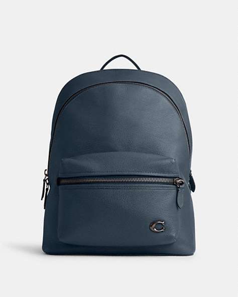 COACH®,CHARTER BACKPACK,Polished Pebble Leather,X-Large,Dark Denim,Front View