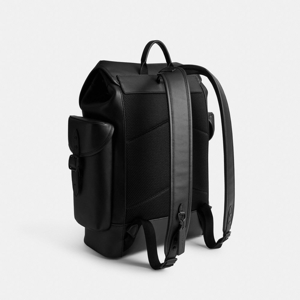 COACH®,Hitch Backpack,Leather,Mesh,Backpack,Embossed,Logo,Adjustable,Casual,Black,Angle View