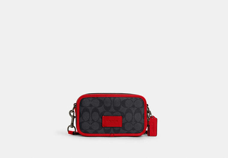 COACH®,WYATT CROSSBODY IN COLORBLOCK SIGNATURE CANVAS,cotton,Small,Black Antique Nickel/Charcoal/Bright Poppy,Front View