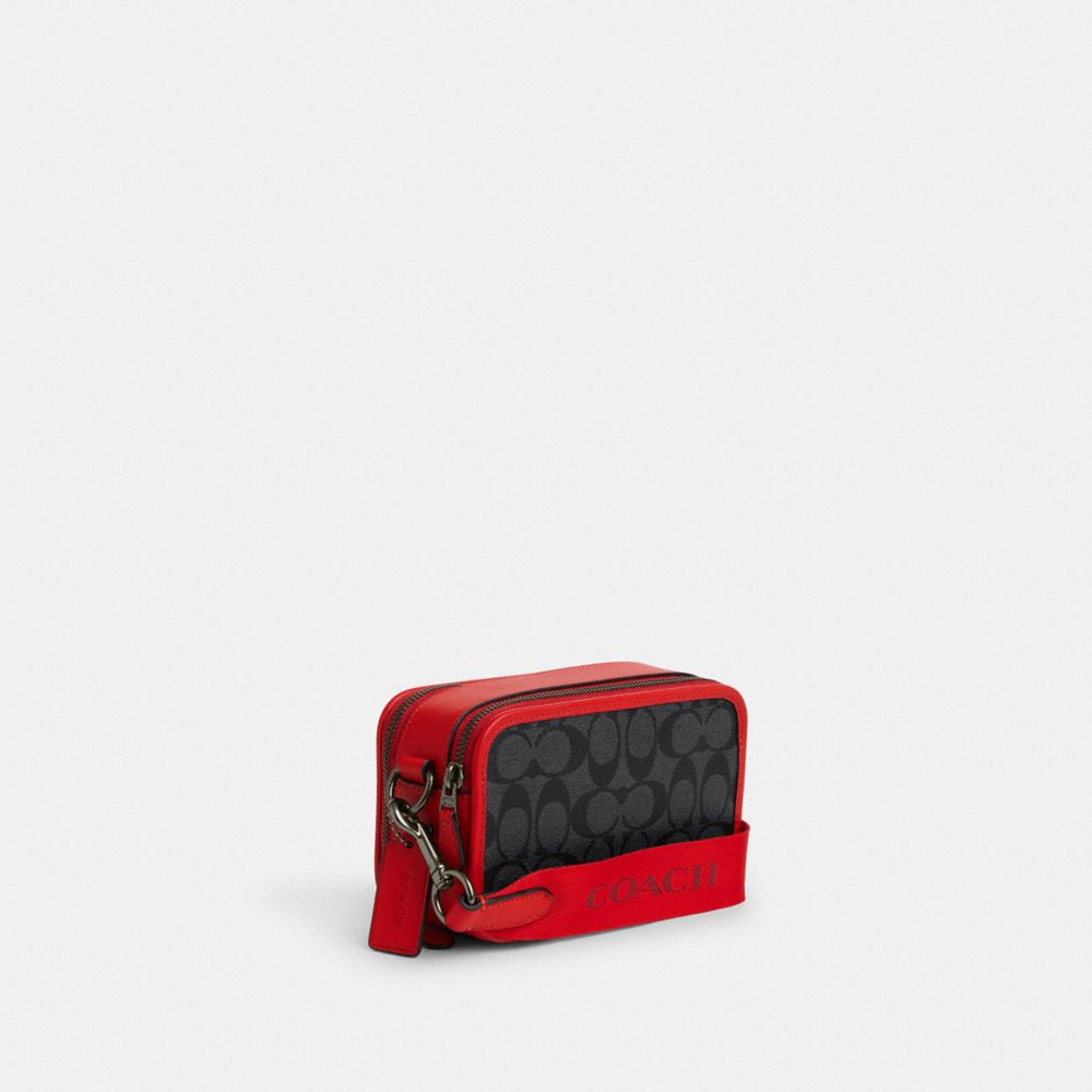 COACH®,WYATT CROSSBODY IN COLORBLOCK SIGNATURE CANVAS,Small,Black Antique Nickel/Charcoal/Bright Poppy,Angle View