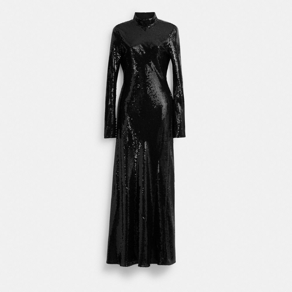 COACH®,HIGH NECK SEQUIN DRESS,Silk,Black,Front View