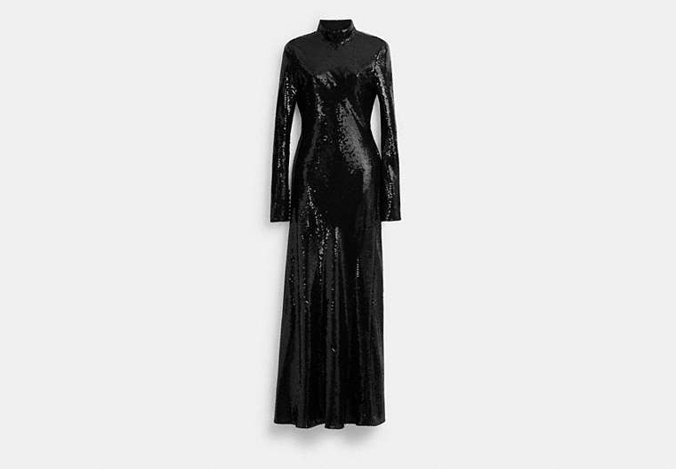 COACH®,HIGH NECK SEQUIN DRESS,Silk,Black,Front View image number 0