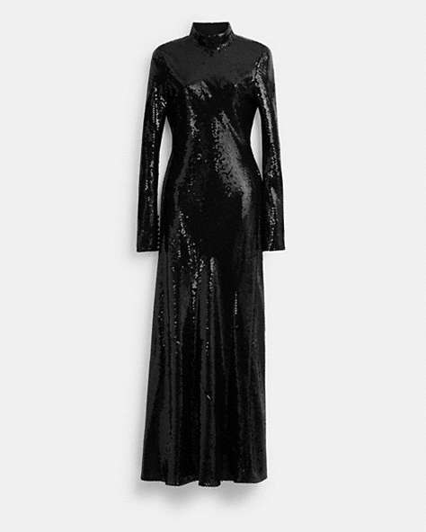 COACH®,HIGH NECK SEQUIN DRESS,Silk,Black,Front View