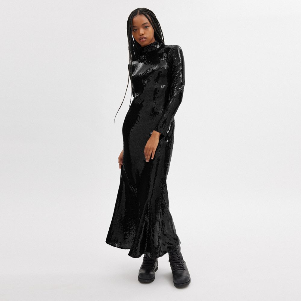 COACH®,HIGH NECK SEQUIN DRESS,Black,Scale View