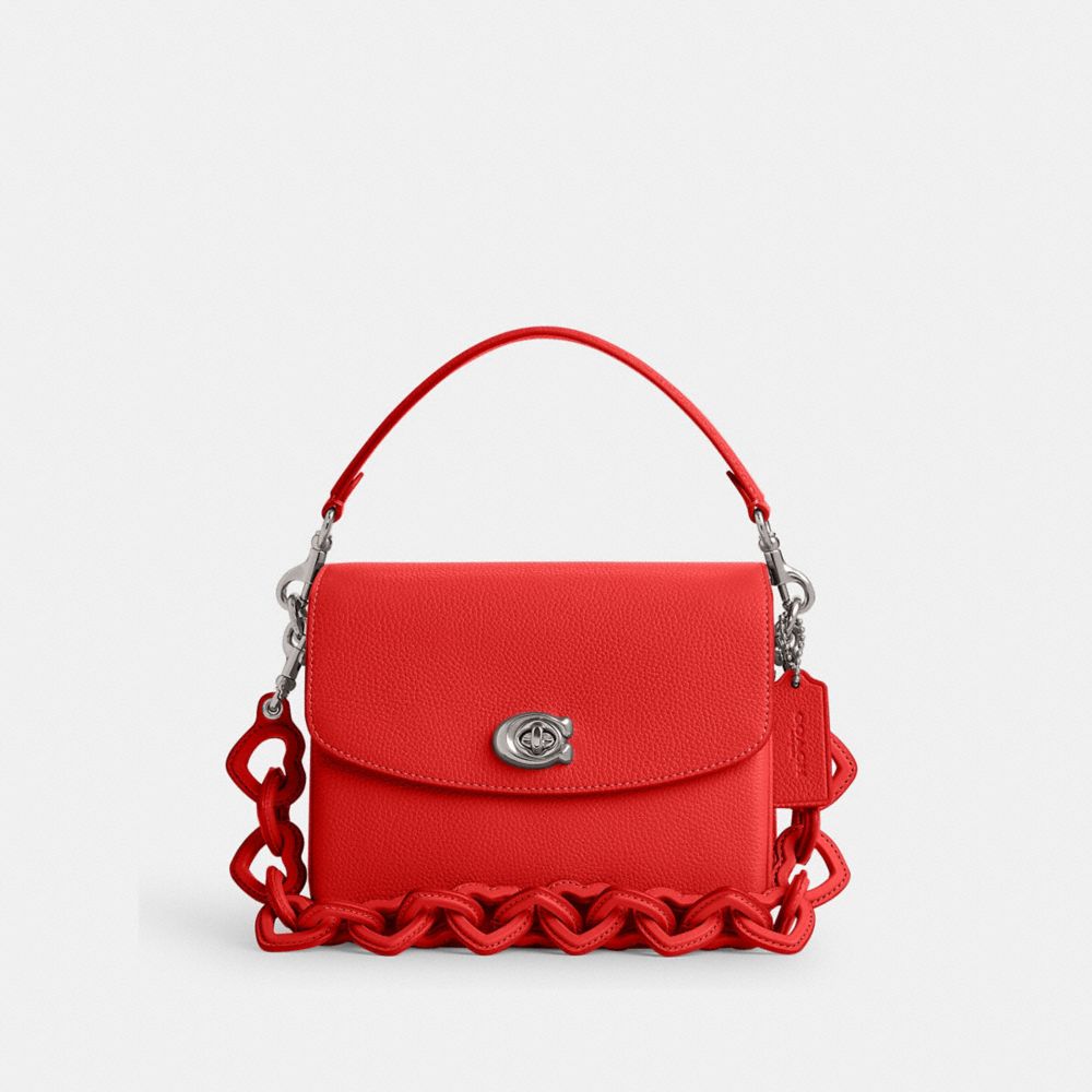 COACH®,CASSIE CROSSBODY BAG 19 WITH HEART STRAP,Polished Pebble Leather,Medium,Silver/Sport Red,Front View