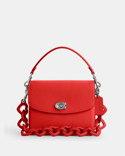 COACH®,CASSIE CROSSBODY 19 WITH HEART STRAP,Polished Pebble Leather,Medium,Silver/Sport Red,Front View