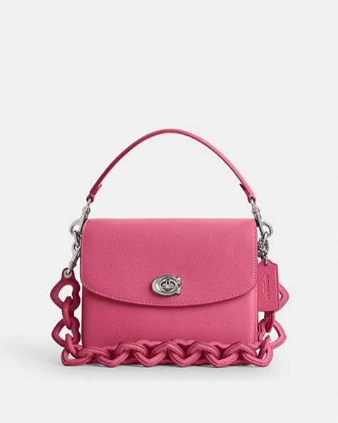 COACH®,CASSIE CROSSBODY BAG 19 WITH HEART STRAP,Polished Pebble Leather,Medium,Silver/Petunia,Front View