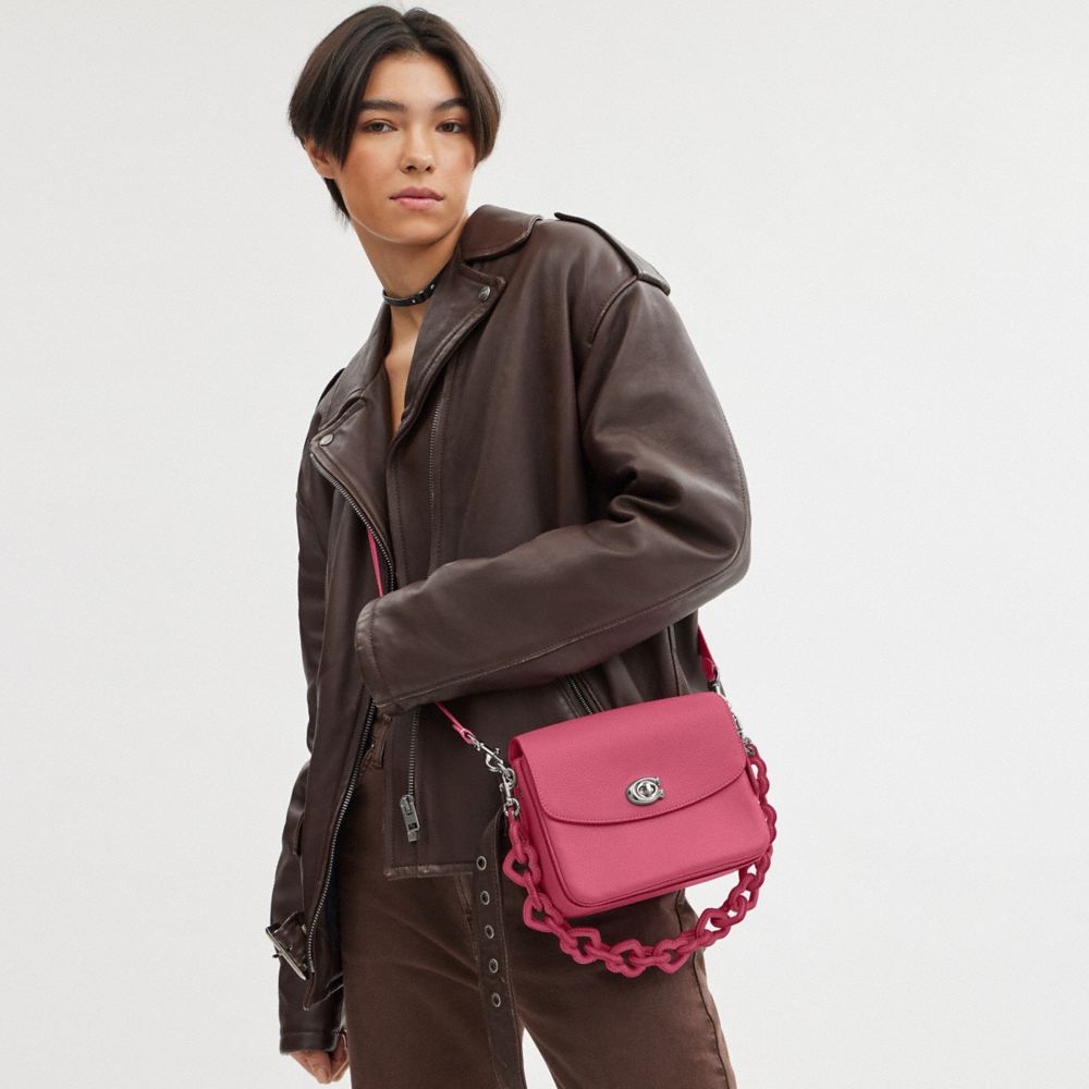 COACH®,Cassie Crossbody Bag 19 With Heart Strap,Leather,Crossbody,Heart Embellishment,Chain Detail,Logo,Metal,Compact,Day ...,Pink