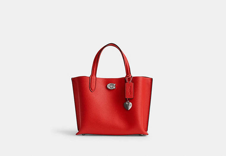 COACH®,WILLOW TOTE BAG 24 WITH HEART CHARM,Polished Pebble Leather,Medium,Silver/Sport Red,Front View
