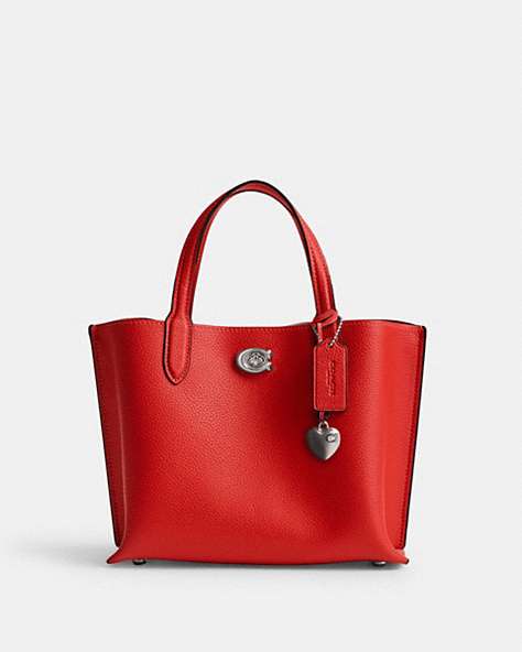 COACH®,WILLOW TOTE 24 WITH HEART CHARM,Polished Pebble Leather,Medium,Silver/Sport Red,Front View