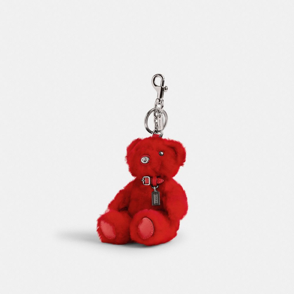 COACH®,BEAR BAG CHARM IN SIGNATURE SHEARLING,Shearling,Mini,Silver/Sport Red Multi,Front View