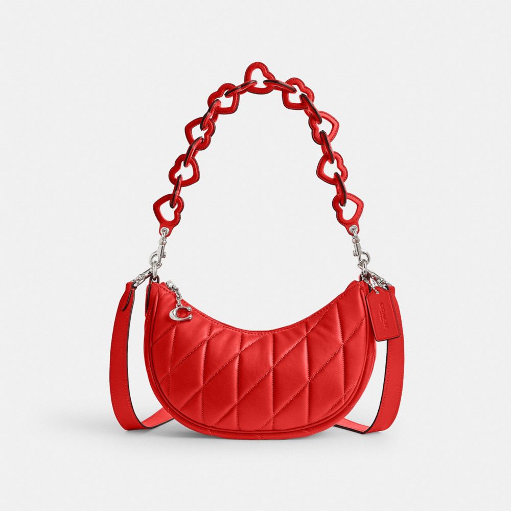 COACH®,PORTÉ-ÉPAULE MIRA AVEC MATELASSAGE COUSSINÉ ET SANGLE AVEC CŒURS,Cuir nappa,Argent/Rouge sport,Front View