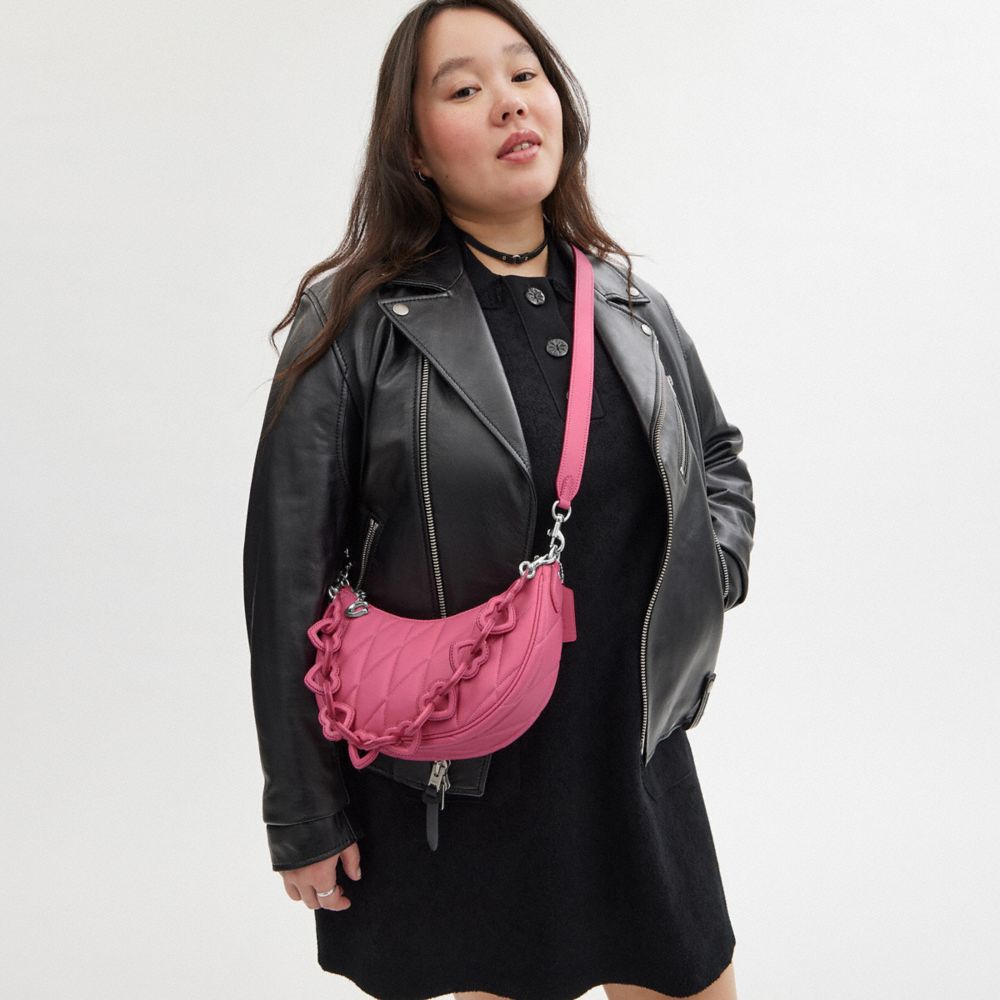COACH®,Mira Shoulder Bag With Pillow Quilting And Heart Strap,Leather,Shoulder Bag,Chain Detail,Heart Embellishment,Logo,E...,Pink