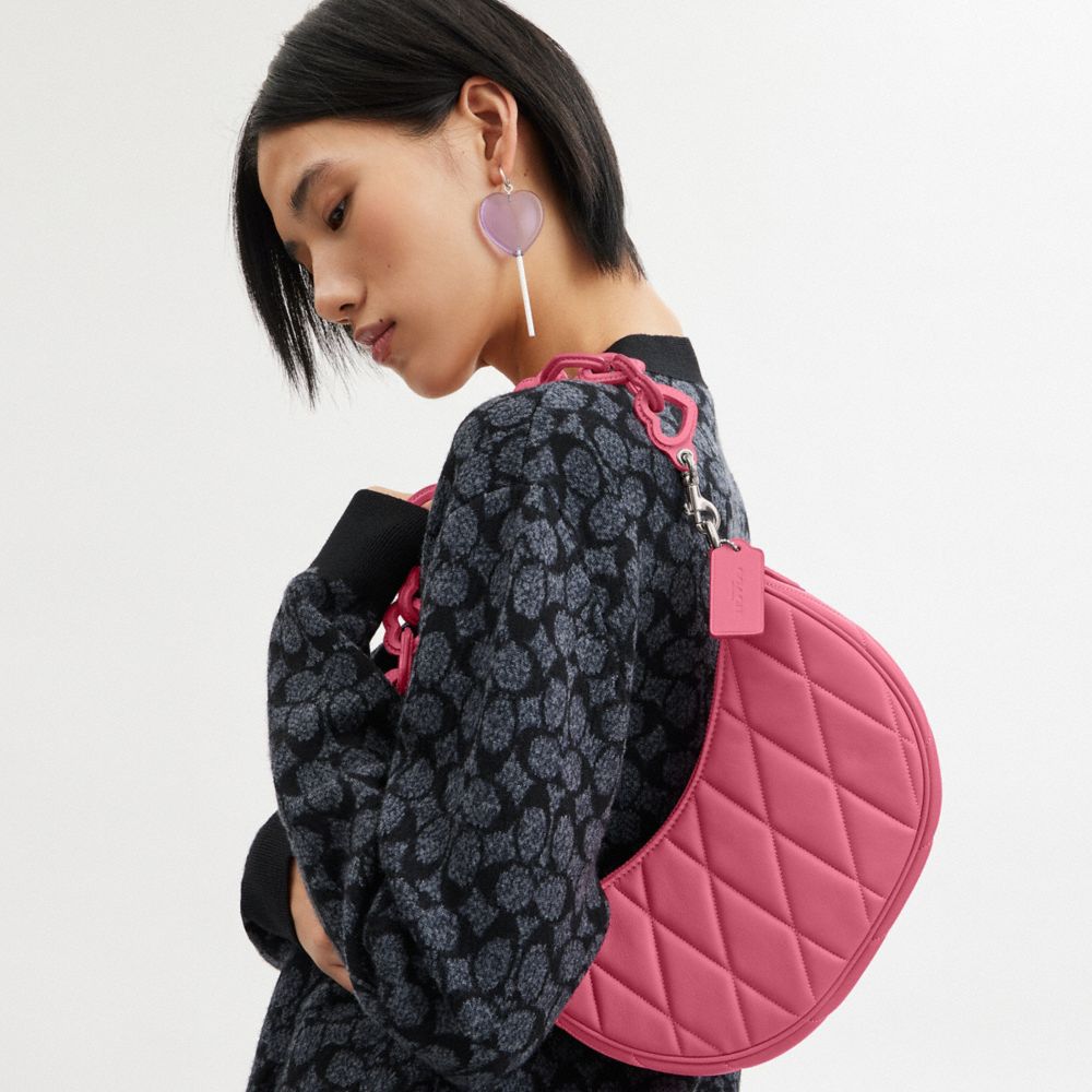 COACH®,Mira Shoulder Bag With Pillow Quilting And Heart Strap,Leather,Shoulder Bag,Chain Detail,Heart Embellishment,Logo,E...,Pink,Detail View