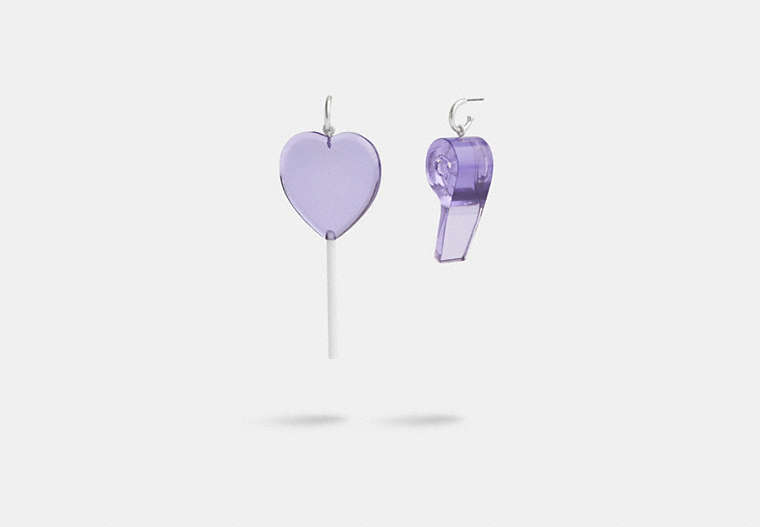 COACH®,HEART LOLLIPOP AND WHISTLE MISMATCH EARRINGS,Silver/Lilac,Front View
