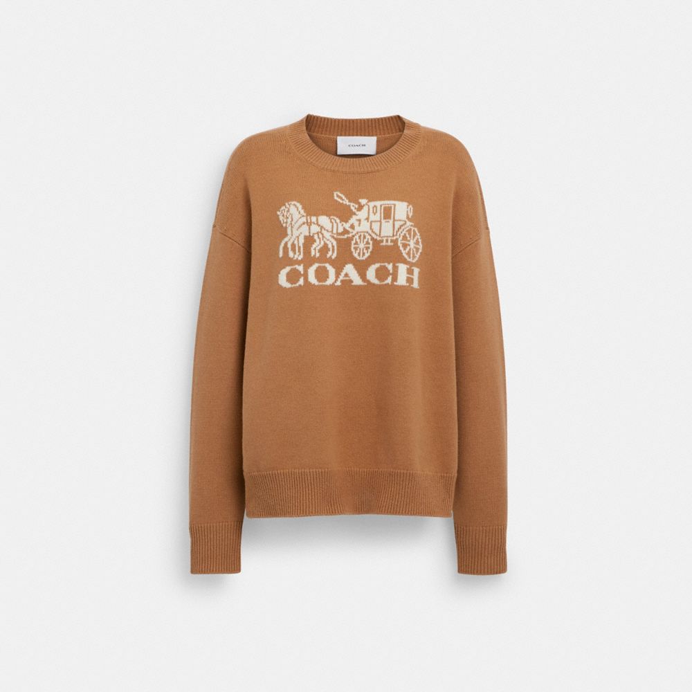 COACH®,HORSE AND CARRIAGE CREWNECK SWEATER,Camel,Front View